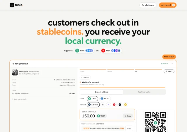 Toniq: Stablecoin checkout on the Toniq website
